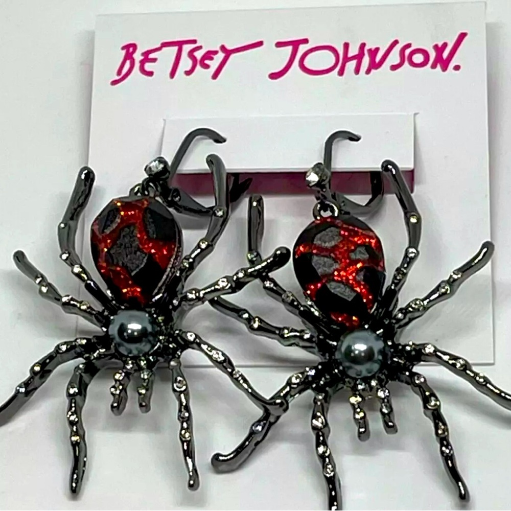 Betsey Johnson Spider Earrings, Ruby, black widow Great for Halloween!